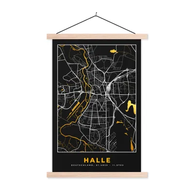 Produktbild von MuchoWow® Textilposter Halle - Stadtplan - Gold - Karte - Deutschland 40x60 cm mit holzfarbenen Rahmen - Poster