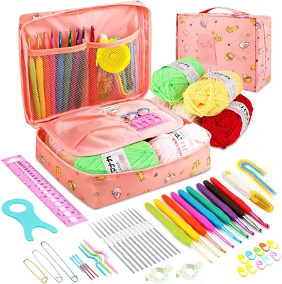 A collection of crochet supplies, including yarn, hooks, and a storage bag, laid out on a white background.