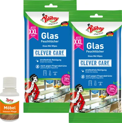 Produktbild von Poliboy XXL Glas Feuchttücher - 2x24 Tücher - Inklusive Möbel Probe - für alle Glasflächen