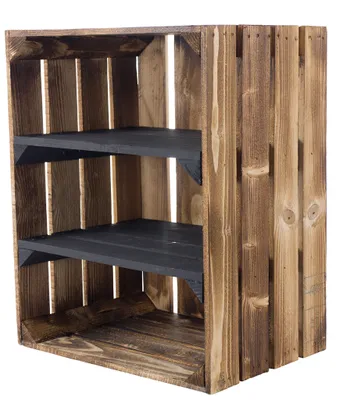Produktbild von Stück geflammte/braune Holzkiste mit 2 Mittelbrettern Quer Schwarz 50cm x 40cm x 30cm Schuhregal Box Obstkiste Weinkiste