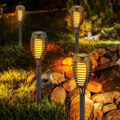Produktbild von 4er Set LED Solarleuchten, schwarz, Feuereffekt, H 50 cm