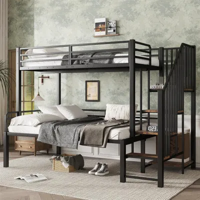 Immagine prodotto di Letto a castello Sweiko 90x200cm+120x200cm, armadio angolare a scaletta con contenitore, letto in ferro, ferro+MDF, nero