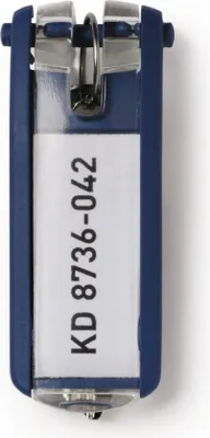 A close-up product shot of a blue key tag with a white label showing text.