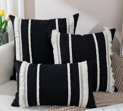 Produktbild von Kissenbezüge, 2 Stück, Macaron-Boho-gewebter Kissenbezug mit Quasten, Schwarz