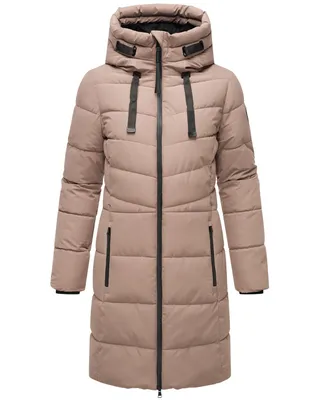 Produktbild von Marikoo Damen Winter Steppjacke Vegan Teddyfell gefüttert Steppmantel Jacke lang warm Mantel Parker Kragen mit Tunnelzug am Kapuze Natsukoo XVI Taupe Grey Gr: 38 - M