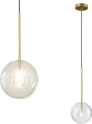 Two pendant lights with clear glass globes and gold metal accents against a white background.