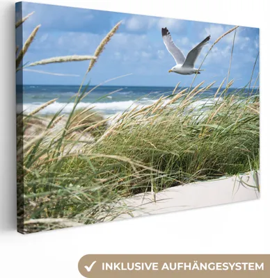 Produktbild von OneMillionCanvasses® - Leinwandbilder - 140x90 cm, Strand - Vogel - Pflanzen, Wandbilder Kunstdruck Wanddekoration