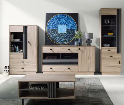 Produktbild von Wohnzimmermöbel-Set mit 2 Vitrinen, Sideboard & Couchtisch in Eiche Nb., modern 4-teilig ANTIGUA-133