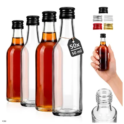 Zdjęcie produktu dla SUPERBUTELKI - 50x Butelki szklane na alkohol MONOPOLOWA 50 ml Butelka na wódkę bimber wesele - Zestaw butelek z zakrętkami, Obraz wygenerowany przez AI