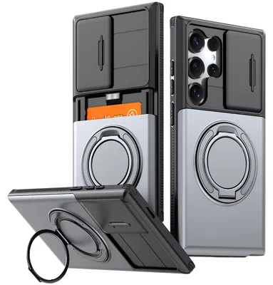 Image de Coque de téléphone avec compartiment pour cartes pour Samsung Galaxy S24 Ultra, protection coulissante pour l'appareil photo, support avec anneau, coque de protection antichoc, gris