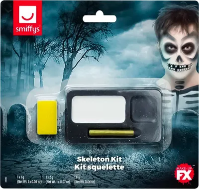 Immagine prodotto di Set di trucchi a tema scheletro per Halloween, 4 pezzi, bianco e nero - Taglia unica