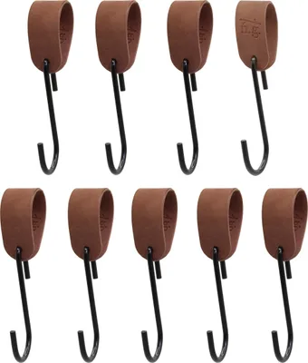 Produktbild von Natural Goods Berlin Garderobenhaken GARD Schlaufe, veganer Kunstlederriemen, Lederschlaufe, Lederband, Braun, mit GARD Haken FLAT in Schwarz, 9 Stück