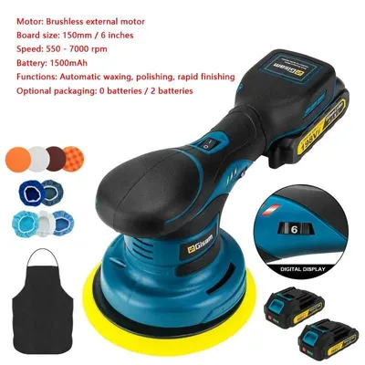 Obrázek produktu pro Akumulátorový leštící stroj pro automobily - excentrická leštička, průměr 150 mm - 6 rychlostí, 2500–7000 otáček za minutu - pro leštění, voskování, broušení a odstraňování rzi - model D