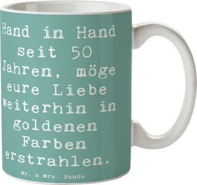 Produktbild von Mr. & Mrs. Panda Keramiktasse Spruch 50. Hochzeitstag Goldene Hochzeit - Meeresbrise - Geschenk, Teetasse, handgefertigt, Heirat, Dekotasse, Kaffeebecher, Hoschzeit, Pott