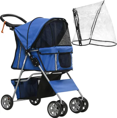 Produktbild von PawHut Hundebuggy, Hundewagen mit Regenverdeck, faltbarer Hundetrolley bis 10 kg, Katzenbuggy für kleine Hunde mit Becherhalter, Netzfenster, Blau