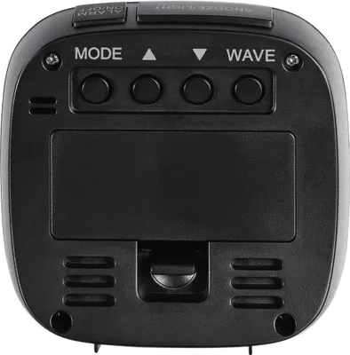 The back of a black digital alarm clock.