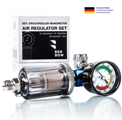 Productafbeelding van BENBOW drukregelaar voor perslucht, met manometer en waterafscheider, aansluiting 1/4 inch