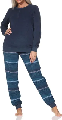 Produktbild von Normann Damen Frottee Schlafanzug lang mit Bündchen - Hose gestreift - auch in Übergrößen ; jeansmelange , 60