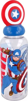 Produktbild von STOR Original Marvel Kinder-Trinkflasche mit Twist-Off-Deckel und verziert mit 3D-Captain America-Schild, 560 ml, BPA-frei.