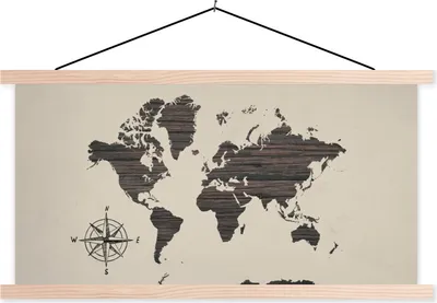 Produktbild von MuchoWow® Textilposter Weltkarte - Holz - Braun 60x30 cm mit holzfarbenen Rahmen - Dekoration