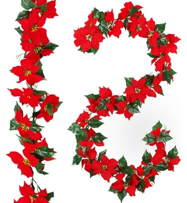 Productafbeelding van Kerstkrans van 200 cm met kerststerren en hulst, kunstmatig, rood/groen