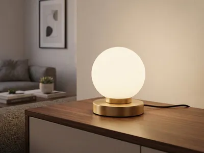 Produktbild von Kleine Tischlampe Messing mit Glas Kugel Weiß, LED per Touch stufenweise dimmbar