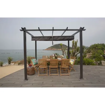 Image de Pergola KIBA Toit Déroulant, 3 x 3 m, Gris, Structure Anthracite, Métal et Polyester 180 g/m²
