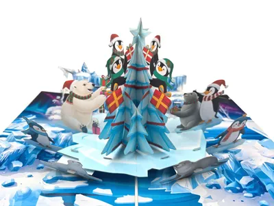 Immagine prodotto di biglietto di Natale pop-up 3D - pinguini e orso polare sull'albero, scena invernale, fatto a mano, 15×20 cm, aperto 30×20×14 cm