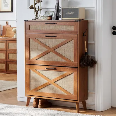 Immagine prodotto di Armadio per scarpe in rattan, colore marrone chiaro, dimensioni 80x24x113 cm, con 2 cassetti a ribalta
