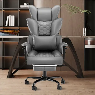 Image de Chaise de bureau ergonomique LARS360 - Fauteuil de direction avec appui-tête, soutien lombaire, accoudoirs, chaise de bureau PU, fonction bascule 150°, Home Office & Bureau - Gris