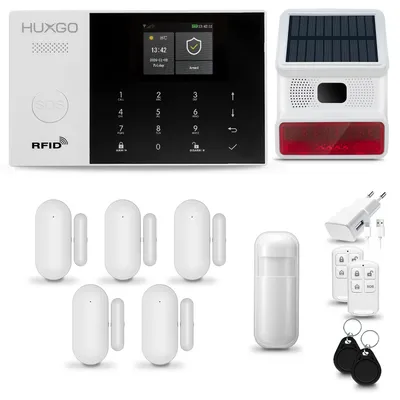 Produktbild von HUXGO HXA005 Alarmanlage Haus WiFi + GSM 2G mit Funksirene Alarm System mit 1x Bewegungssensor und 5x Tür- Fenstersensor, Alarmanlage für Wohnung, Haus, Garage, Tuya Smartlife App