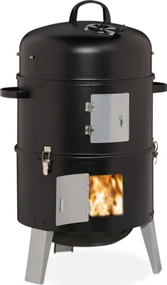 Produktbild von Relaxdays Smoker 3in1, zum Grillen, Räuchern & Garen, Thermometer & Luftabzug, BBQ Räuchertonne: ∅ 40 cm, Stahl, schwarz