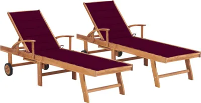 Produktbild von Sonnenliegen 2 Stk. mit Auflagen Weinrot Massivholz Teak