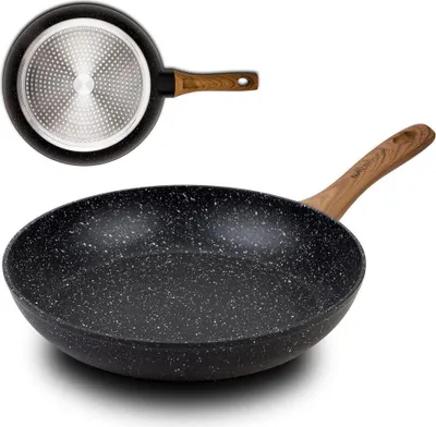 A frying pan is shown from two angles, one showing the bottom and the other showing the top with its handle.