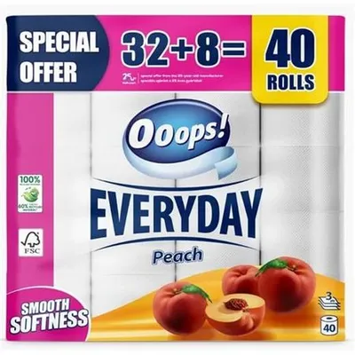 Obrázok produktu pre Toaletný papier "Everyday", broskyňový, 3-vrstvový, malá rolka, 32+8 roliek, OOOPS KTC30401772