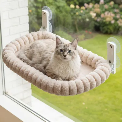 Produktbild von Katzenhängematte Fensterliege Katzenliege Fenster - Saugnäpfe - Bis 18 kg - 52 x 30 cm - Beige