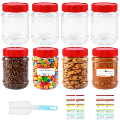 Productafbeelding van Voorraadpotten met deksel - Luchtdichte set van 8 - Voor het n van voedingsmiddelen - 400 ml - Transparant - Inclusief kwast en etiketten