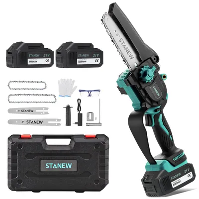 Image de Mini tronçonneuse STANEW avec 2 batteries 4000 mAH et chargeur, 6 pouces et 8 pouces, moteur sans balais 600 W, pour le jardinage, l'élagage, le bois