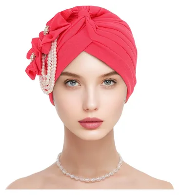 Produktbild von Damen-Kopftuch, Hut mit Imitationsperlen und Blumendekor, Turbanhut, einfarbig, dehnbar, Stirnband, Schlafmütze