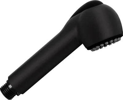 A black shower head on a white background.