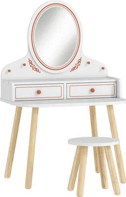 Produktbild von Kinder Schminktisch Set Frisiertisch mit Hocker Spiegel Schubladen Kleiderstangen für 3-8 Jahre 56 x 38 x 87,8 cm Weiß