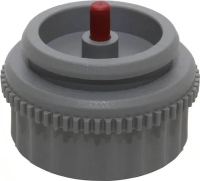 A close-up studio shot of a gray and red actuator component.