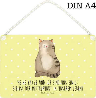 Produktbild von Mr. & Mrs. Panda Schild Katze Sitzen DIN A4 - Gelb Pastell - Geschenk, Cat, Liebe, kleine aufmerksamkeit, wandtafel, Herz, Cats, holzbild, Türschild, Katzen