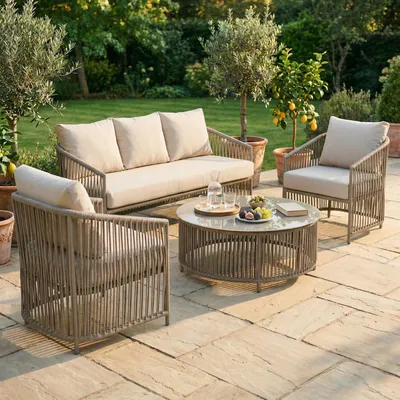 Produktbild von Outdoor Sofa Set KULO 4-teilig, Champagne – Lounge-Set aus Aluminium mit Rope-Bespannung, Couchtisch mit Glasplatte, inklusive 5 bequemer Kissen, wetterfest für Balkon Terrasse Garten
