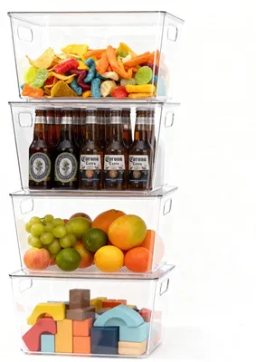 Obrázek produktu pro Organizér do lednice, sada 4 kusů - Průhledné úložné boxy - Stohovatelné boxy - S úchytkami - 29x19x15 cm - S víkem - Úložné boxy