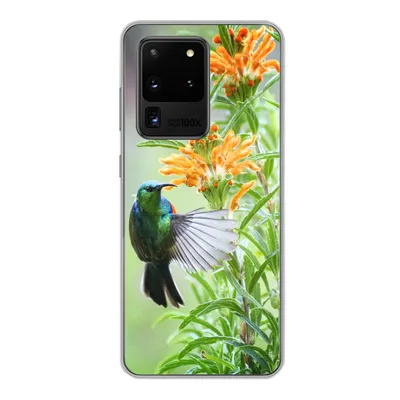 Produktbild von MuchoWow® Handyhülle Schutzhülle Hülle für Samsung Galaxy S20 Ultra Nahaufnahme eines bunten Vogels neben Pflanzen mit orangefarbenen Blüten Silikon Softcase Handy Hülle - Karteninhaber