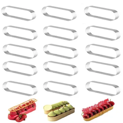 15 ovale Tartelettformen aus Edelstahl, perforiert, 13x4x2 cm