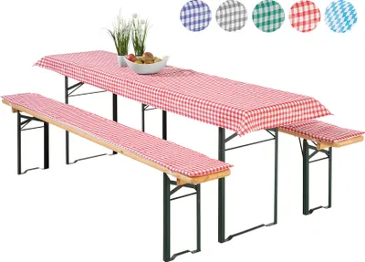 Produktbild von heimtexland ® Auflagen Set 3-teilig für Bierzeltgarnitur 2x Polster Auflage Bierbank 1x Tischdecke Vichy Karo Garten Tischdeko Typ331 rot Tischmass 70x220 cm