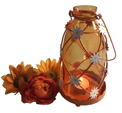 Lampion Margeriten, Glas/Metall, Orange, 22,8x11,5 cm