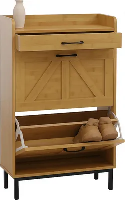 A shoe cabinet with two flip-out compartments and a drawer, shown against a white background.